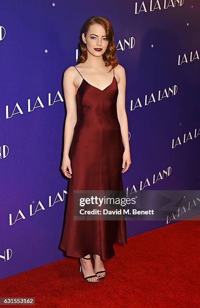 Emma Stone attends the "La La Land" Gala Screening at The Ham Yard Hotel on January 12, 2017 in London, England.