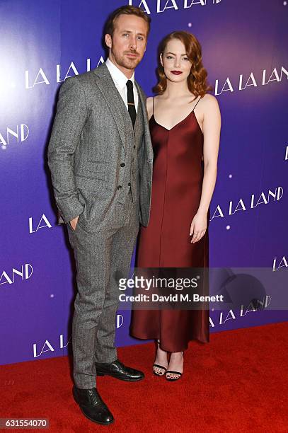 Ryan Gosling and Emma Stone attend the "La La Land" Gala Screening at The Ham Yard Hotel on January 12, 2017 in London, England.