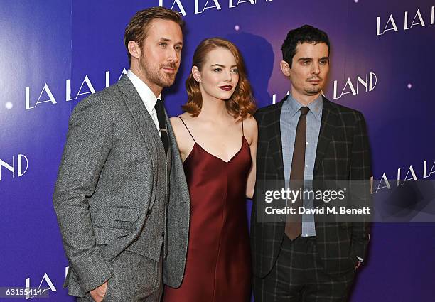 Ryan Gosling, Emma Stone and director Damien Chazelle attend the "La La Land" Gala Screening at The Ham Yard Hotel on January 12, 2017 in London,...
