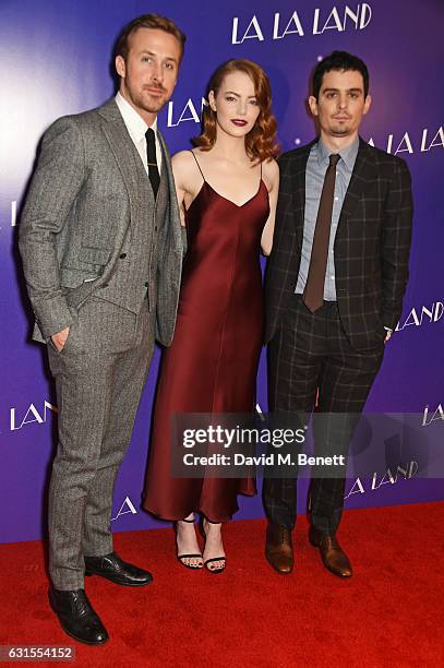 Ryan Gosling, Emma Stone and director Damien Chazelle attend the "La La Land" Gala Screening at The Ham Yard Hotel on January 12, 2017 in London,...