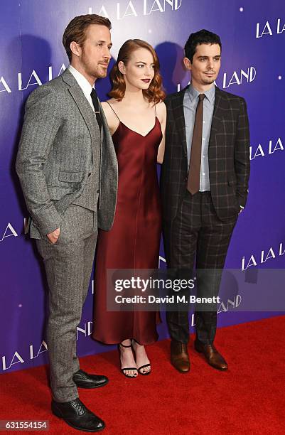 Ryan Gosling, Emma Stone and director Damien Chazelle attend the "La La Land" Gala Screening at The Ham Yard Hotel on January 12, 2017 in London,...