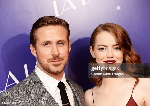 Actor Ryan Gosling and Actress Emma Stone attend the Gala screening of "La La Land" at Ham Yard Hotel on January 12, 2017 in London, England.