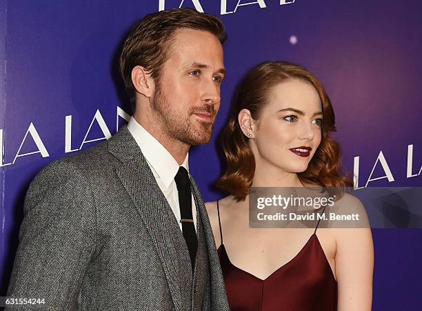 Ryan Gosling and Emma Stone attend the "La La Land" Gala Screening at The Ham Yard Hotel on January 12, 2017 in London, England.