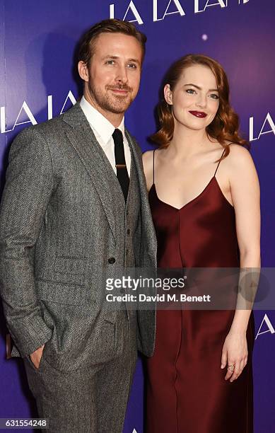 Ryan Gosling and Emma Stone attend the "La La Land" Gala Screening at The Ham Yard Hotel on January 12, 2017 in London, England.