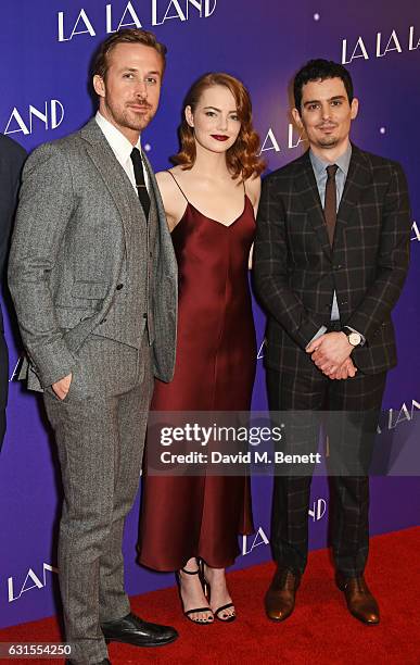 Ryan Gosling, Emma Stone and director Damien Chazelle attend the "La La Land" Gala Screening at The Ham Yard Hotel on January 12, 2017 in London,...