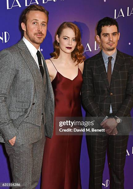 Ryan Gosling, Emma Stone and director Damien Chazelle attend the "La La Land" Gala Screening at The Ham Yard Hotel on January 12, 2017 in London,...