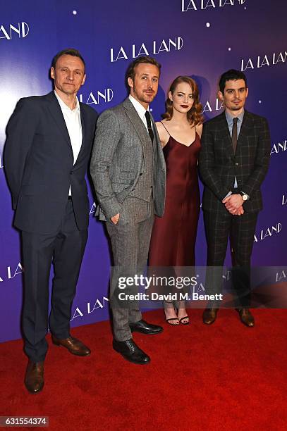 Zygi Kamasa, Ryan Gosling, Emma Stone and director Damien Chazelle attend the "La La Land" Gala Screening at The Ham Yard Hotel on January 12, 2017...