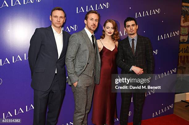 Zygi Kamasa, Ryan Gosling, Emma Stone and director Damien Chazelle attend the "La La Land" Gala Screening at The Ham Yard Hotel on January 12, 2017...