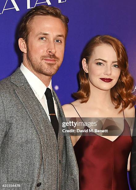 Ryan Gosling and Emma Stone attend the "La La Land" Gala Screening at The Ham Yard Hotel on January 12, 2017 in London, England.