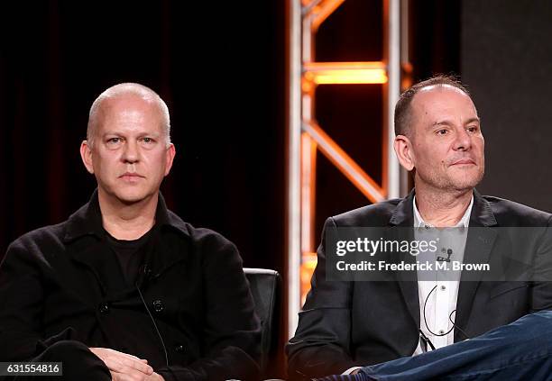 Executive producers/writers/directors Ryan Murphy and Tim Minear of the television show 'Feud' speak onstage during the FX portion of the 2017 Winter...
