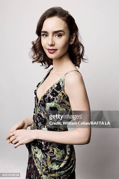 Actress Lily Collins poses for a portraits at the BAFTA Tea Party at Four Seasons Hotel Los Angeles at Beverly Hills on January 7, 2017 in Los...
