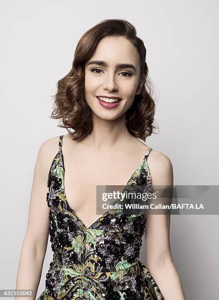 Actress Lily Collins poses for a portraits at the BAFTA Tea Party at Four Seasons Hotel Los Angeles at Beverly Hills on January 7, 2017 in Los...