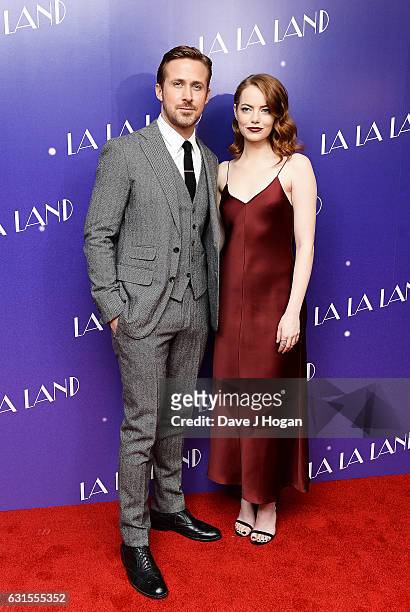 Actor Ryan Gosling and Actress Emma Stone attend the Gala screening of "La La Land" at Ham Yard Hotel on January 12, 2017 in London, England.