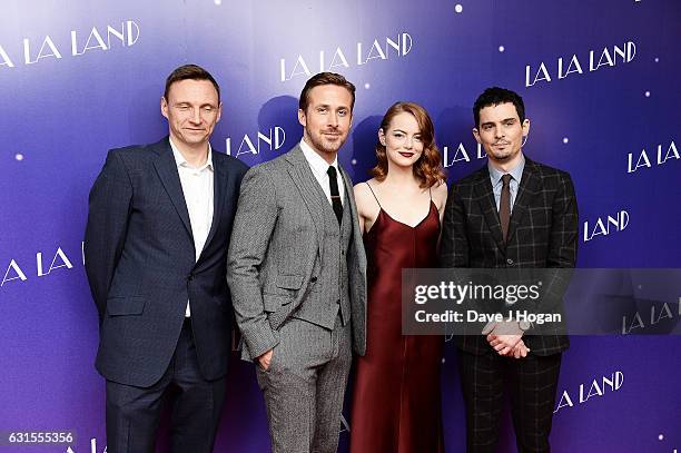 Zygi Kamasa, Ryan Gosling, Emma Stone and Damien Chazelle attend the Gala screening of "La La Land" at Ham Yard Hotel on January 12, 2017 in London,...