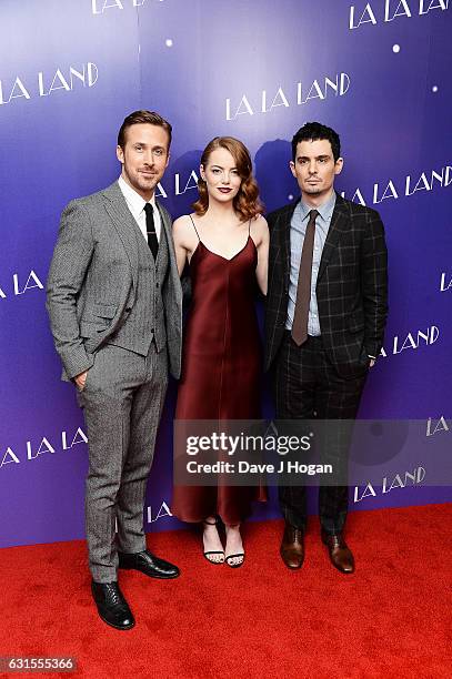 Actor Ryan Gosling, Actress Emma Stone and Director Damien Chazelle attends the Gala screening of "La La Land" at Ham Yard Hotel on January 12, 2017...