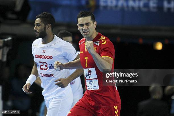 Lazarov kiril 7 and Hosni Oussama 23 during the 25th IHF Men's World Championship 2017 Group B handball match Macedonia vs Tunisia on January 12,...