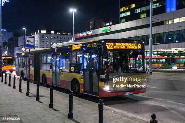 Line number 522 Solaris public bus is seen in Warsaw, capital of Poland on January 11th, 2017. The Polish capital offered free public transport on...