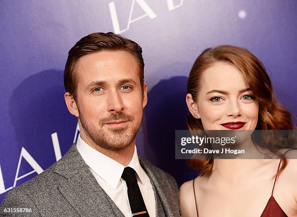 Actor Ryan Gosling and Actress Emma Stone attend the Gala screening of "La La Land" at Ham Yard Hotel on January 12, 2017 in London, England.