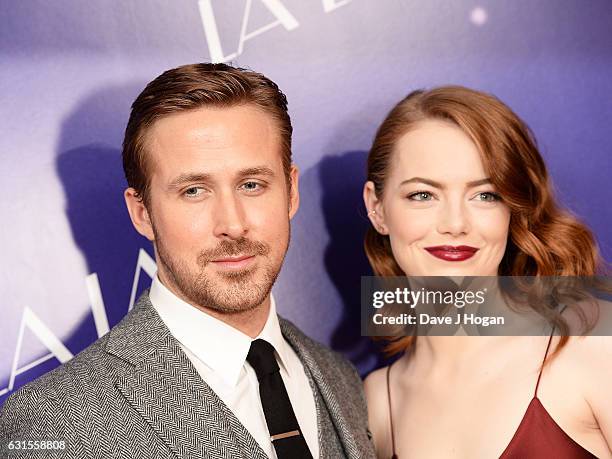 Actor Ryan Gosling and Actress Emma Stone attend the Gala screening of "La La Land" at Ham Yard Hotel on January 12, 2017 in London, England.