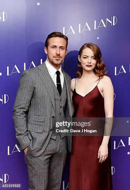 Actor Ryan Gosling and Actress Emma Stone attend the Gala screening of "La La Land" at Ham Yard Hotel on January 12, 2017 in London, England.