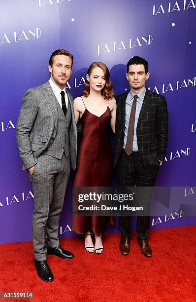 Actor Ryan Gosling, Actress Emma Stone and Director Damien Chazelle attends the Gala screening of "La La Land" at Ham Yard Hotel on January 12, 2017...