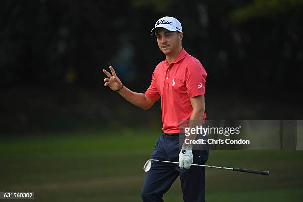 Justin Thomas eagles the 10th hole during the first round of the Sony Open in Honolulu, Hawaii at Waialae Country Club on January 12, 2017 in...