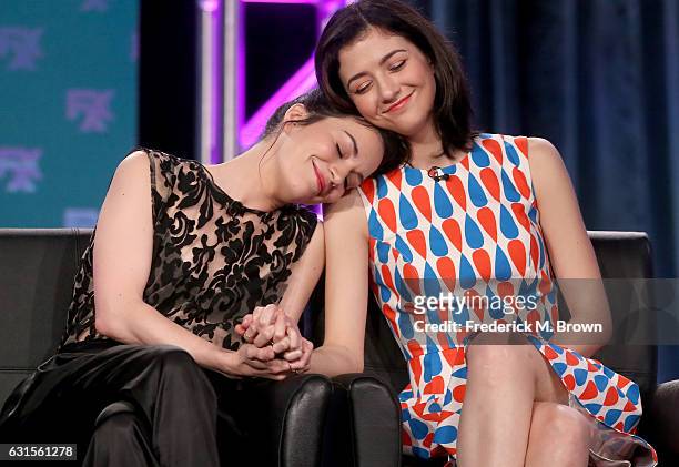 Actresses Britt Lower and Katie Findlay of the television show 'Man Seeking Woman' speak onstage during the FX portion of the 2017 Winter Television...