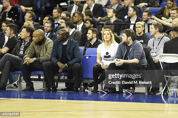 Thierry Henry, Ozwald Boateng and Ellie Goulding sit courtside at the NBA Global Game London 2017 basketball game between the Indiana Pacers and...