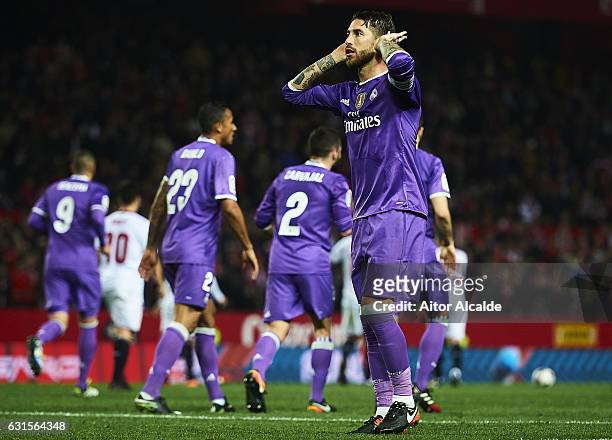 Sergio Ramos of Real Madrid CF celebrates after scoring the second goal of Real Madrid CF with his team mates during the Copa del Rey Round of 16...