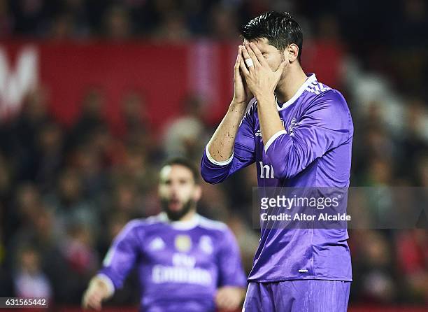 Alvaro Morata of Real Madrid CF reacts after missing a chance og al during the Copa del Rey Round of 16 Second Leg match between Sevilla FC vs Real...