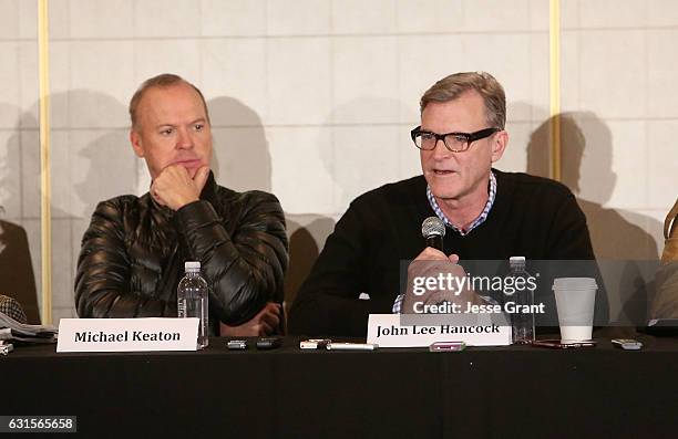 Actor Michael Keaton and director John Lee Hancock attend a press conference for "The Founder" at The London Hotel on January 12, 2017 in West...