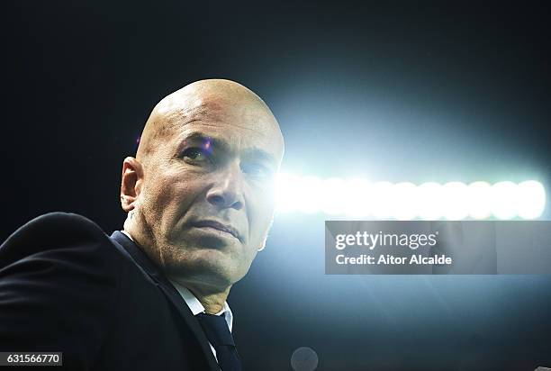 Head Coach of Real Madrid CF Zinedine Zidane looks on prior to the Copa del Rey Round of 16 Second Leg match between Sevilla FC vs Real Madrid CF at...