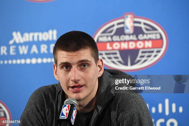 Nikola Jokic of the Denver Nuggets talks to the media following the game as part of 2017 NBA London Global Games at the O2 Arena on January 12, 2017...