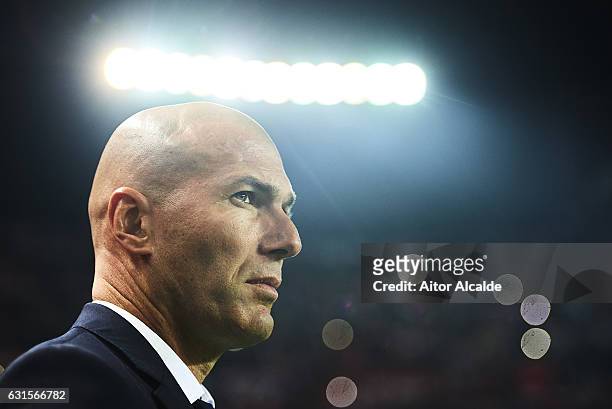 Head Coach of Real Madrid CF Zinedine Zidane looks on prior to the Copa del Rey Round of 16 Second Leg match between Sevilla FC vs Real Madrid CF at...