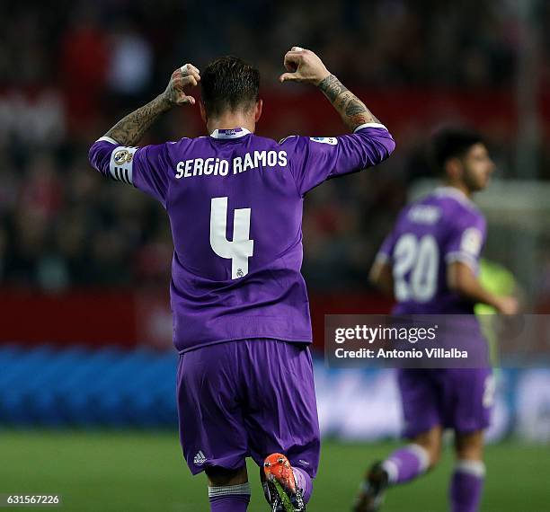 Sergio Ramos of Real Madrid celebrates his goal during the Copa del Rey round of 16 second leg match between Sevilla and Real Madrid CF at Estadio...