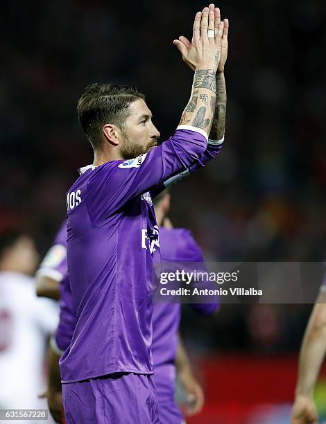 Sergio Ramos of Real Madrid celebrates his goal during the Copa del Rey round of 16 second leg match between Sevilla and Real Madrid CF at Estadio...