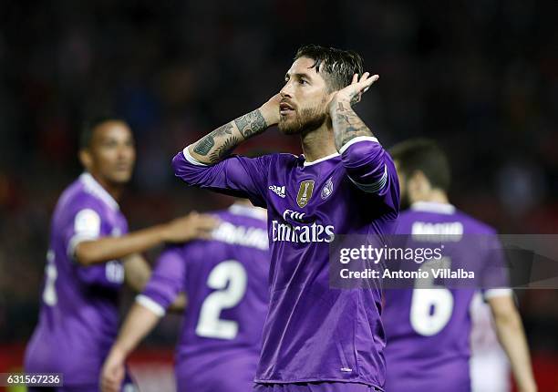 Sergio Ramos of Real Madrid celebrates his goal during the Copa del Rey round of 16 second leg match between Sevilla and Real Madrid CF at Estadio...