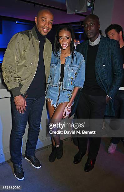 Thierry Henry, Winnie Harlow and Ozwald Boateng attend the NBA Global Game London 2017 after party at The O2 Arena on January 12, 2017 in London,...