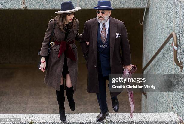 Couple Gianni Fontana wearing brown coat and hat on January 12, 2017 in Florence, Italy.