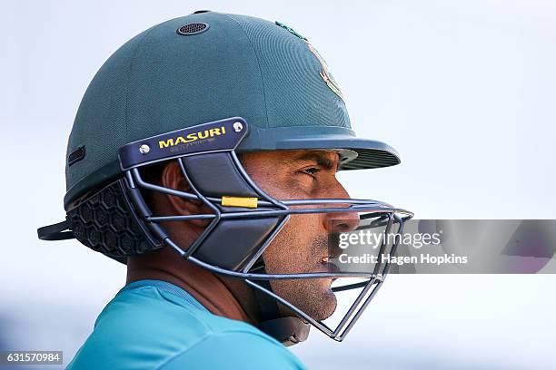 Imrul Kayes of Bangladesh looks on during day two of the First Test match between New Zealand and Bangladesh at Basin Reserve on January 13, 2017 in...