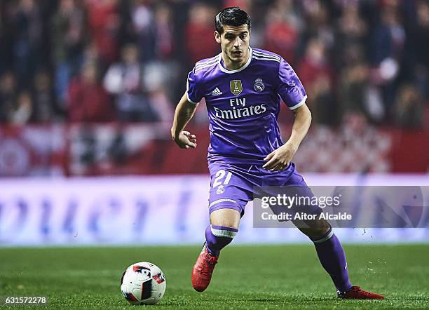 Alvaro Morata of Real Madrid CF in action during the Copa del Rey Round of 16 Second Leg match between Sevilla FC vs Real Madrid CF at Ramon Sanchez...