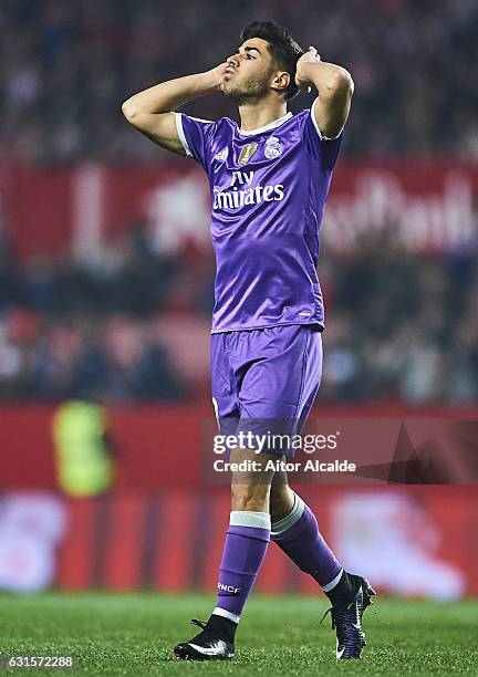 Marco Asensio of Real Madrid CF reacts during the Copa del Rey Round of 16 Second Leg match between Sevilla FC vs Real Madrid CF at Ramon Sanchez...