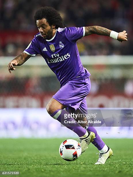 Marcelo of Real Madrid CF in action during the Copa del Rey Round of 16 Second Leg match between Sevilla FC vs Real Madrid CF at Ramon Sanchez...