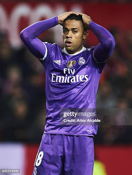 Mariano Diaz of Real Madrid CF reacts during the Copa del Rey Round of 16 Second Leg match between Sevilla FC vs Real Madrid CF at Ramon Sanchez...