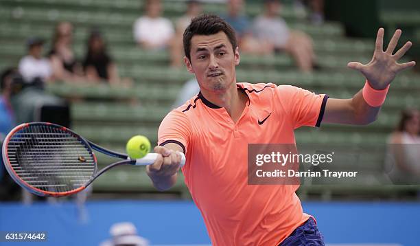 Bernard Tomic of Australia plays a forehand shot in his match against Gilles Simon of France during day four of the 2017 Priceline Pharmacy Classic...