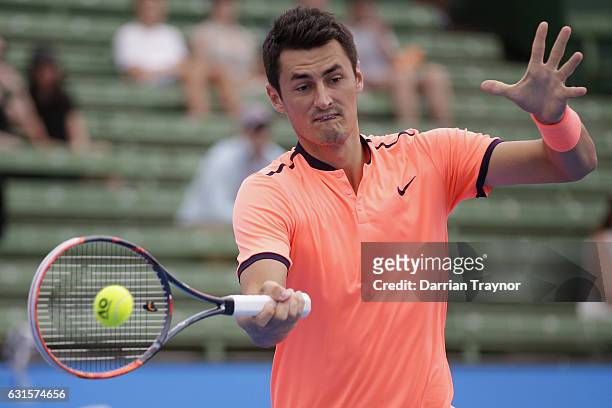 Bernard Tomic of Australia plays a forehand shot in his match against Gilles Simon of France during day four of the 2017 Priceline Pharmacy Classic...