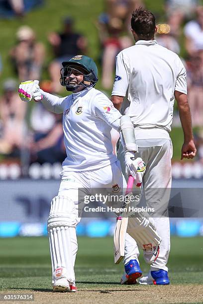 Mushfiqur Rahim of Bangladesh celebrates his century during day two of the First Test match between New Zealand and Bangladesh at Basin Reserve on...