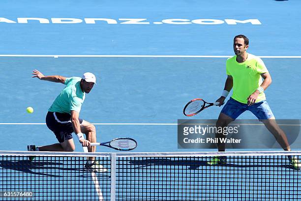 Jonathan Erlich of Israel and Scott Lipsky and the USA in action against Artem Sitak of New Zealand and Nicholas Monroe of the USA during their...