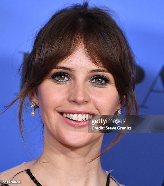 Felicity Jones poses at the 74th Annual Golden Globe Awards at The Beverly Hilton Hotel on January 8, 2017 in Beverly Hills, California.