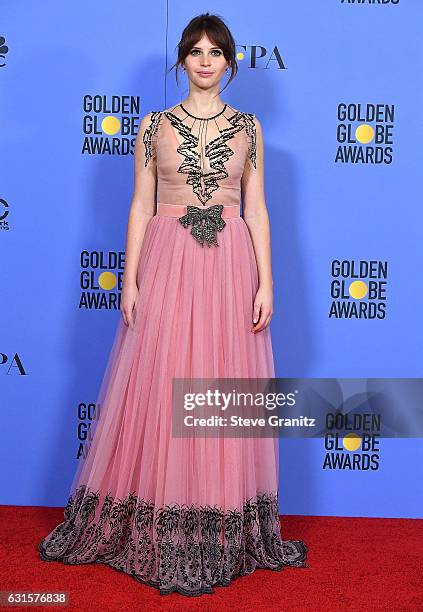 Felicity Jones poses at the 74th Annual Golden Globe Awards at The Beverly Hilton Hotel on January 8, 2017 in Beverly Hills, California.